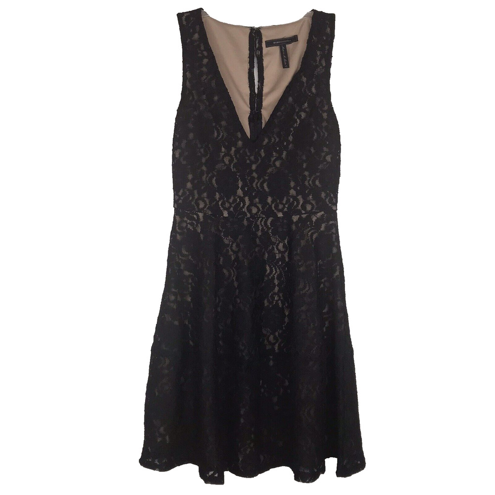 BCBG MaxAzria Black Lace Mini Dress Fit & Flare Nude Lining Sleeveless V-Neck XS